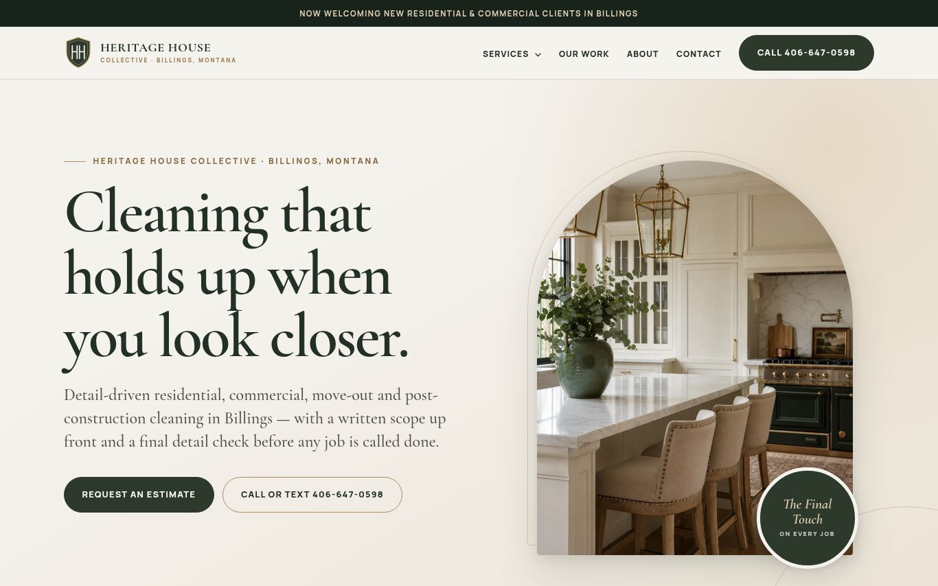 Heritage House Collective cleaning website