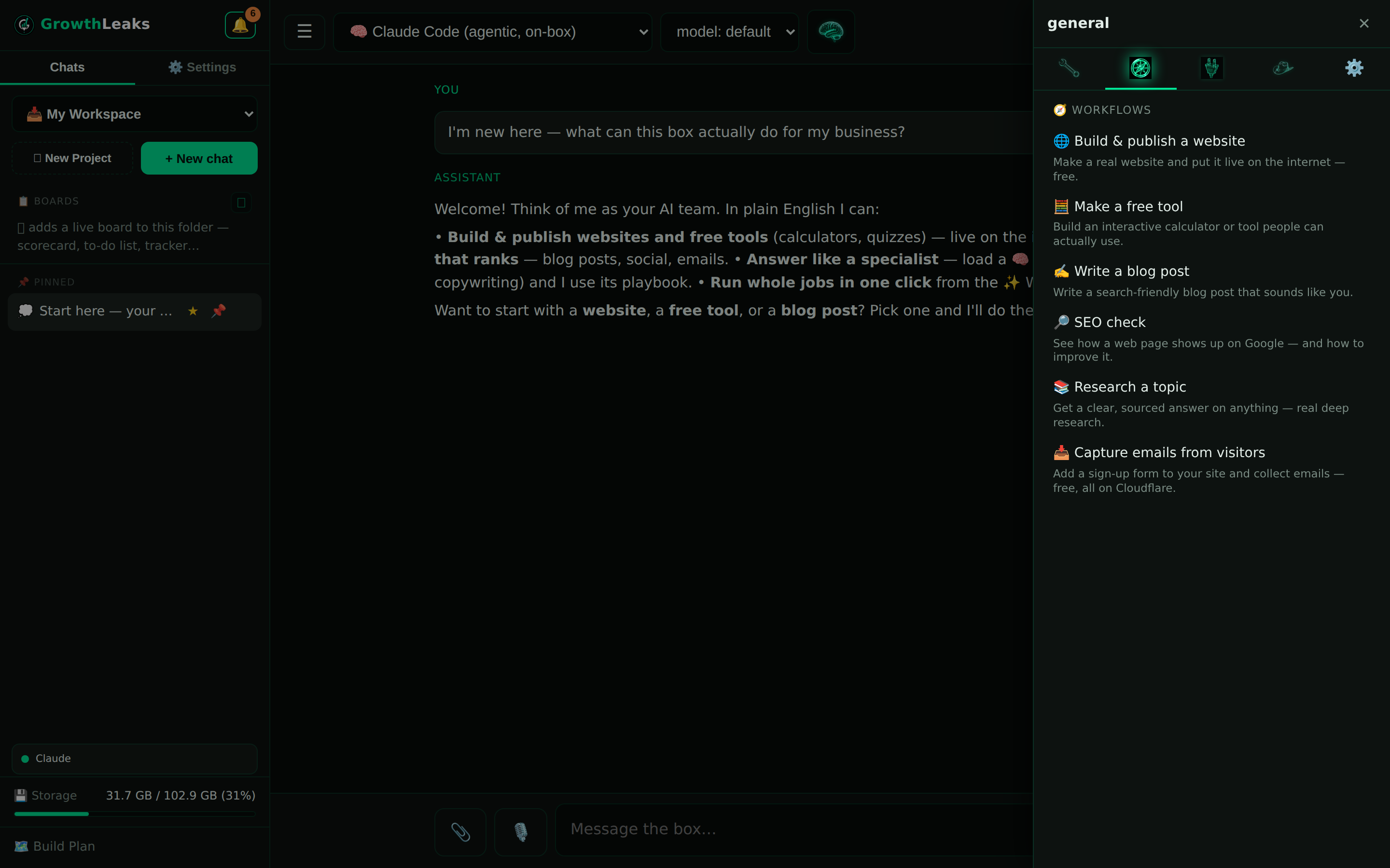 The Workflows menu open — one-click jobs like build a website, make a free tool, or write a blog
