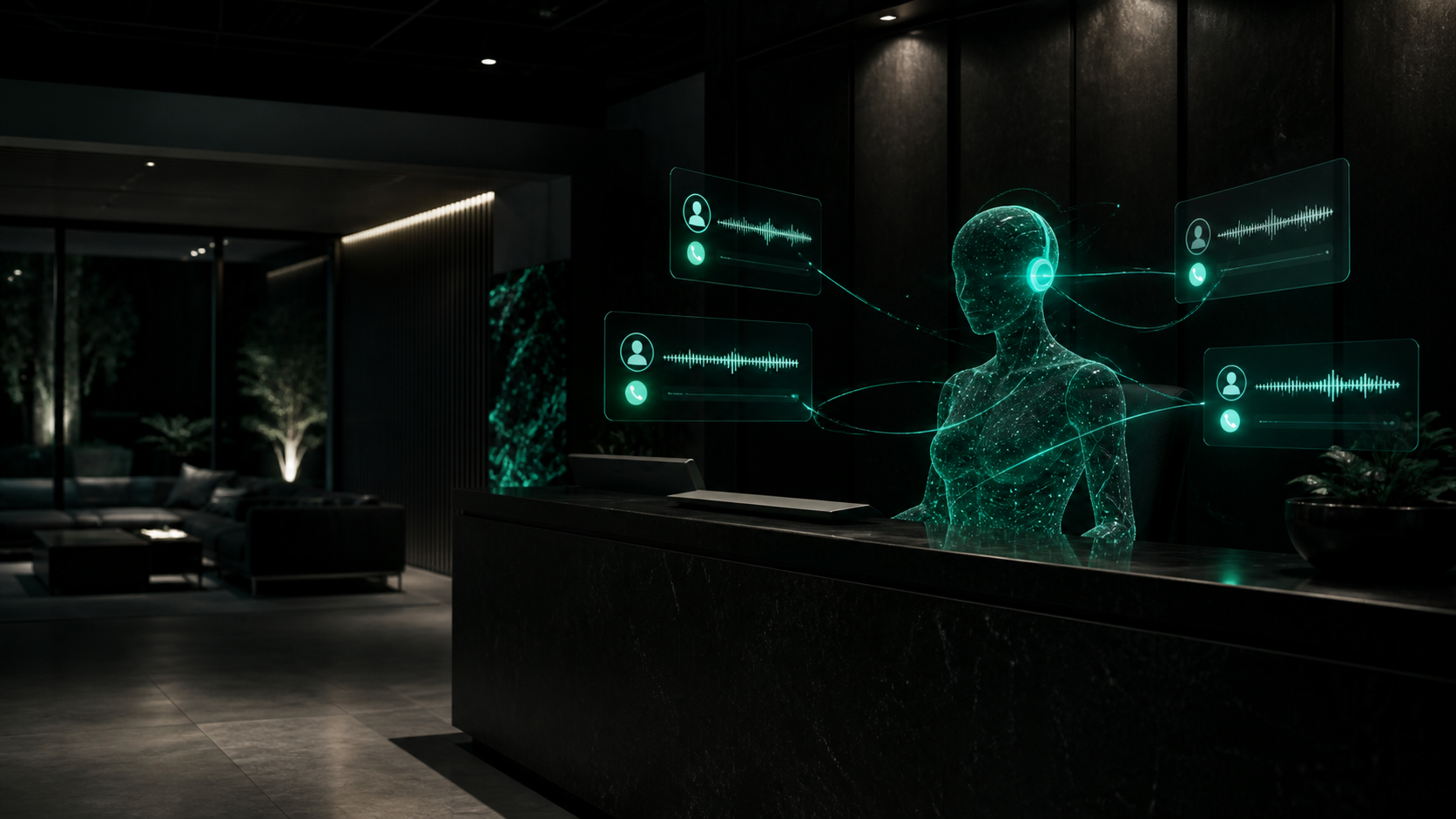 A dark service-business phone ringing at night, answered instantly by a glowing teal AI receptionist