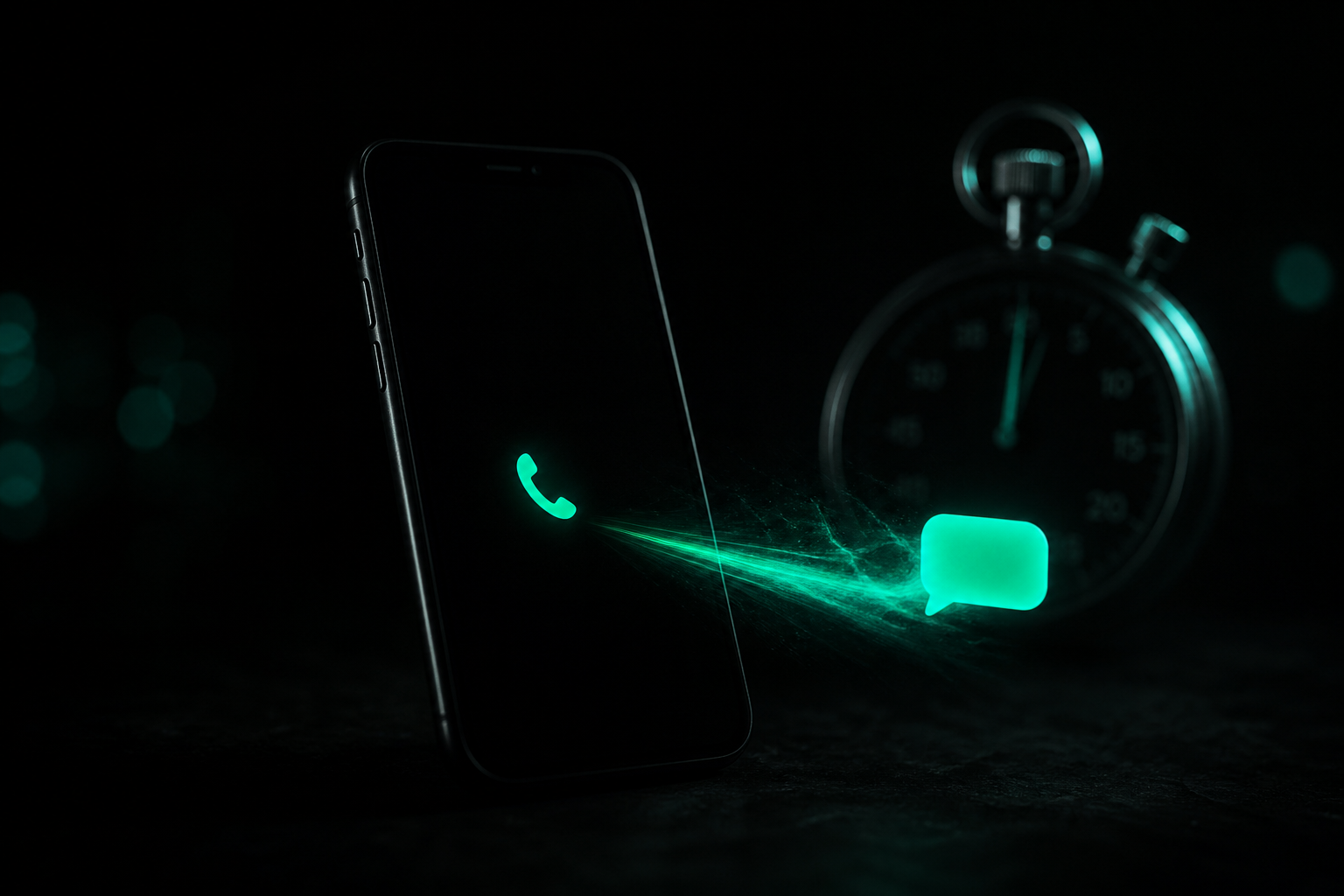 A single glowing teal text bubble bursting instantly from a dark phone the second a missed call lands