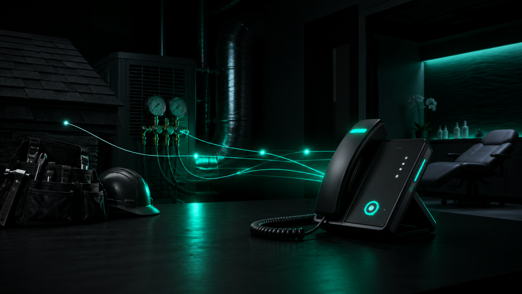 A dark trades workbench phone answering an after-hours call, glowing teal, while the crew's hands are full