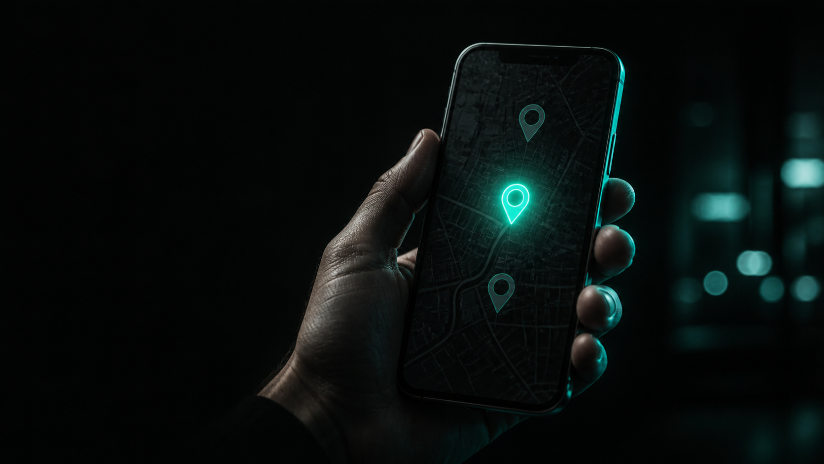 A dark phone map screen showing three Billings map-pack pins, with the #2 pin glowing brightest teal