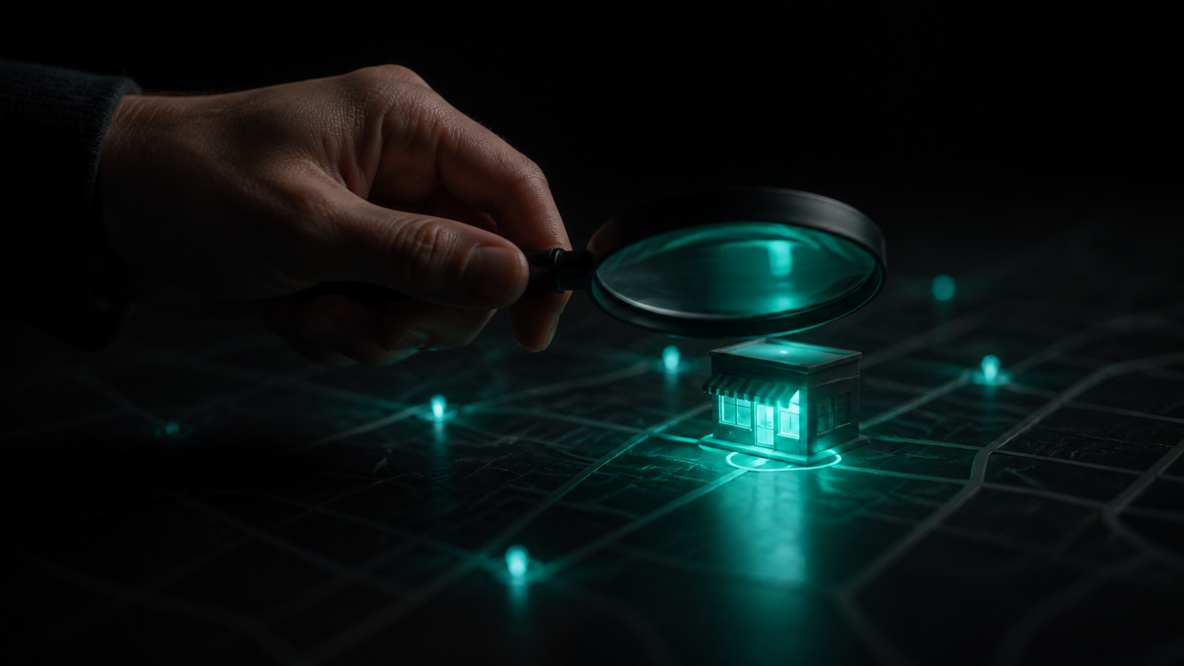A hand holding a dark magnifying glass over a glowing teal storefront on a map, weighing whether a website helps you rank