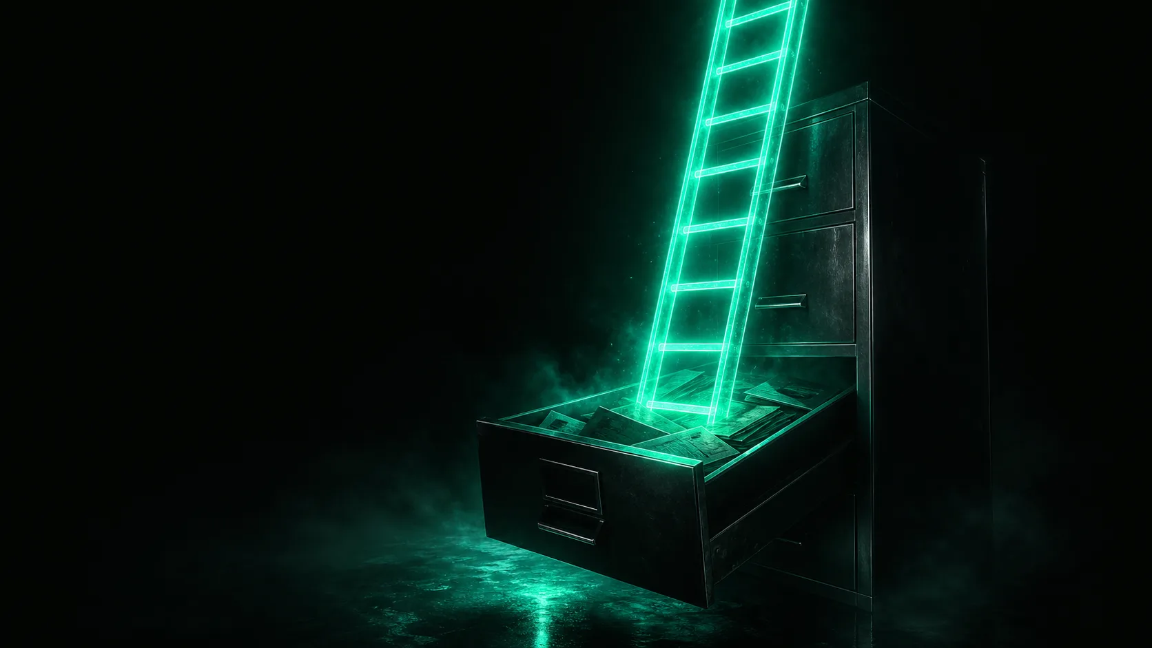 A dark filing cabinet of forgotten leads, one drawer glowing teal as a ladder of light climbs out of it