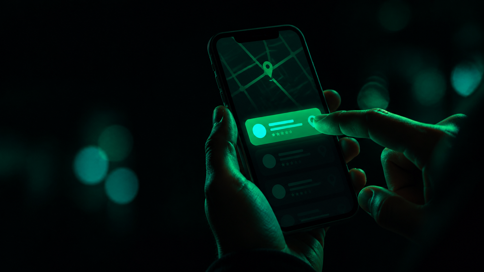 A hand tapping the top result in a glowing teal Google map pack on a phone, the top listing lit bright teal while the businesses below fade into black