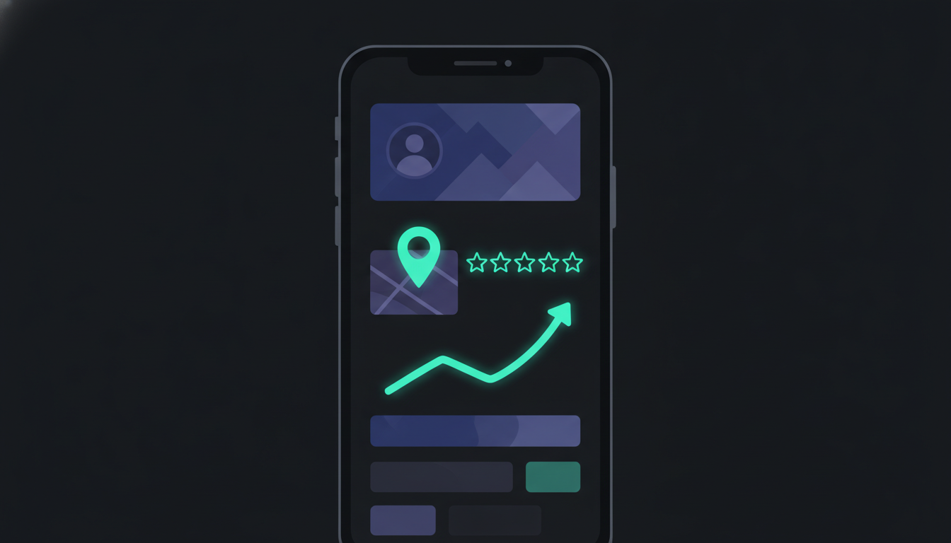 Google Business Profile listing on a phone with reviews and a rising rank graph