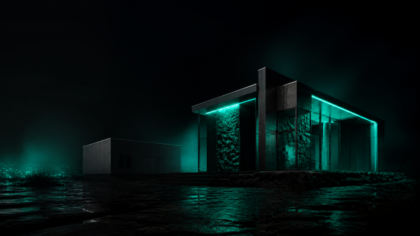 A bespoke teal-lit architectural structure built for one purpose standing beside a flat, generic prefab box, in near-black cinematic light