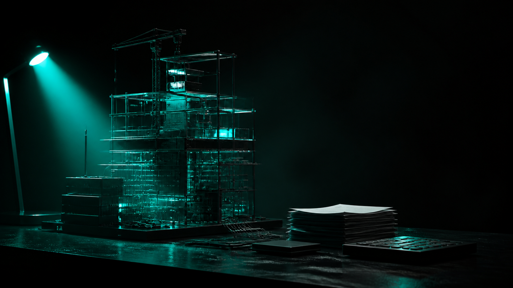 A dark cinematic scene weighing the cost of a website, lit only by teal glow