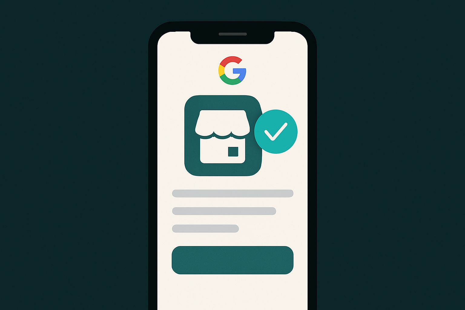 Smartphone showing Google Business Profile setup with location pin and verification checkmark