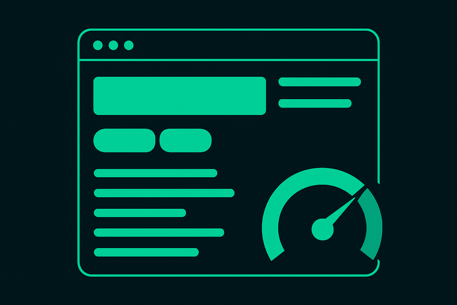Website wireframe with SEO elements highlighted including title tag, meta description, and speed meter