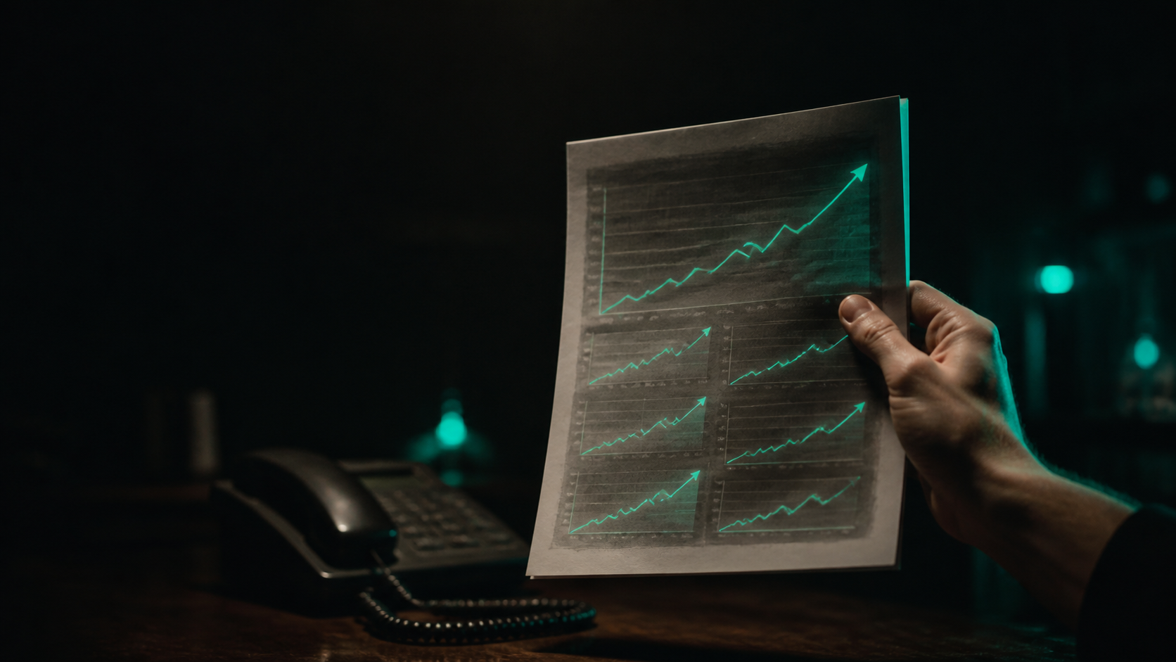 A hand holding a printed marketing report glowing with teal upward-trending charts, while a desk phone beside it sits dark and silent
