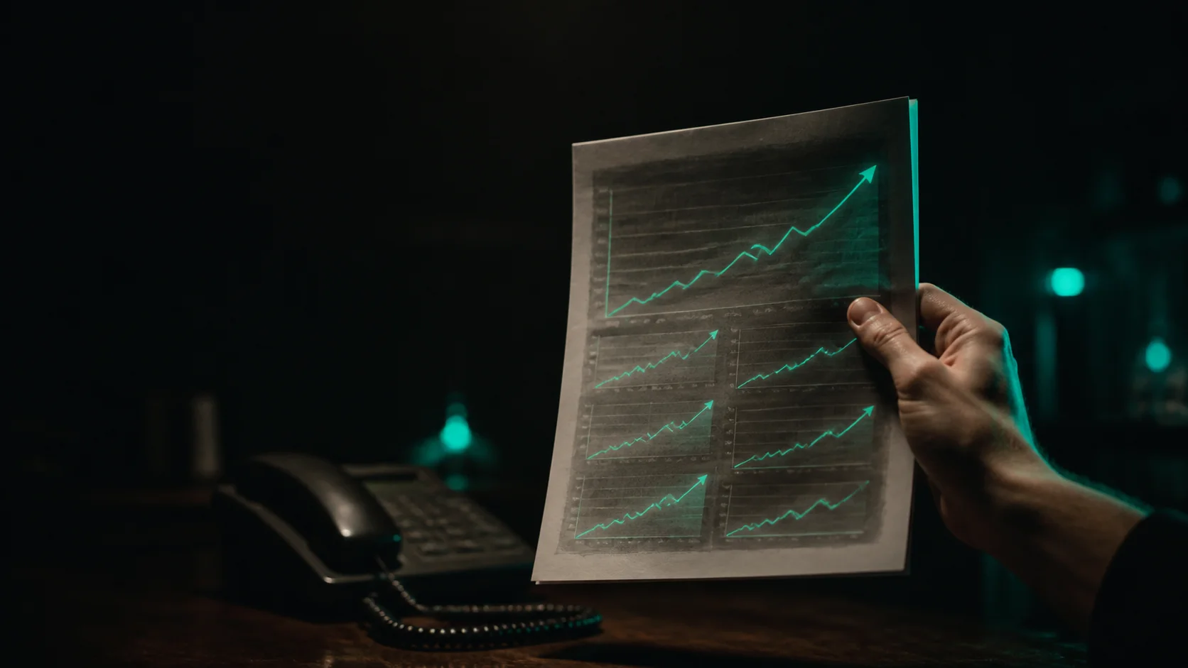A hand holding a printed marketing report glowing with teal upward-trending charts, while a desk phone beside it sits dark and silent