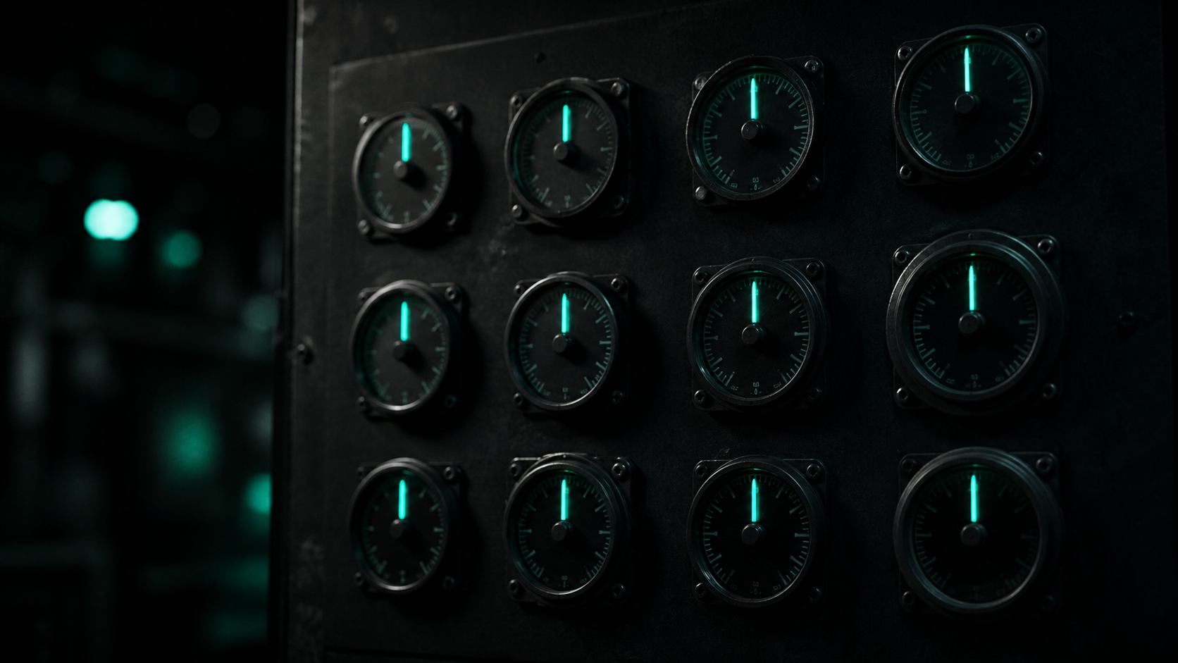 A wall of glowing teal gauges and dials all pointing upward in the dark, none of them connected to anything