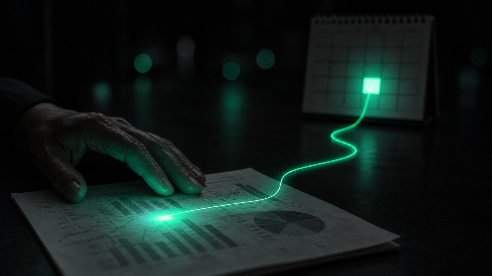 A single glowing teal thread running from a printed report number through darkness to a lit calendar square
