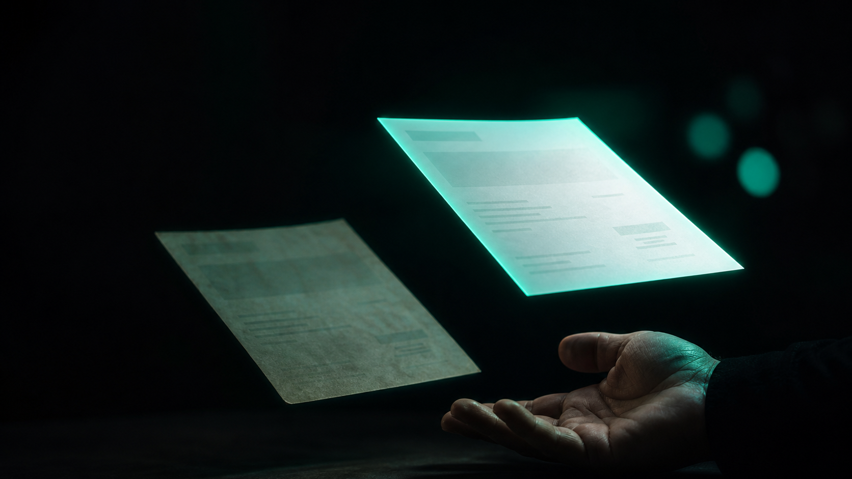 A dim, fading glowing teal quote slip hovering in the dark next to a bright, freshly glowing teal quote slip, a human hand near both — one quote losing its light from sitting too long, the other still sharp and fast
