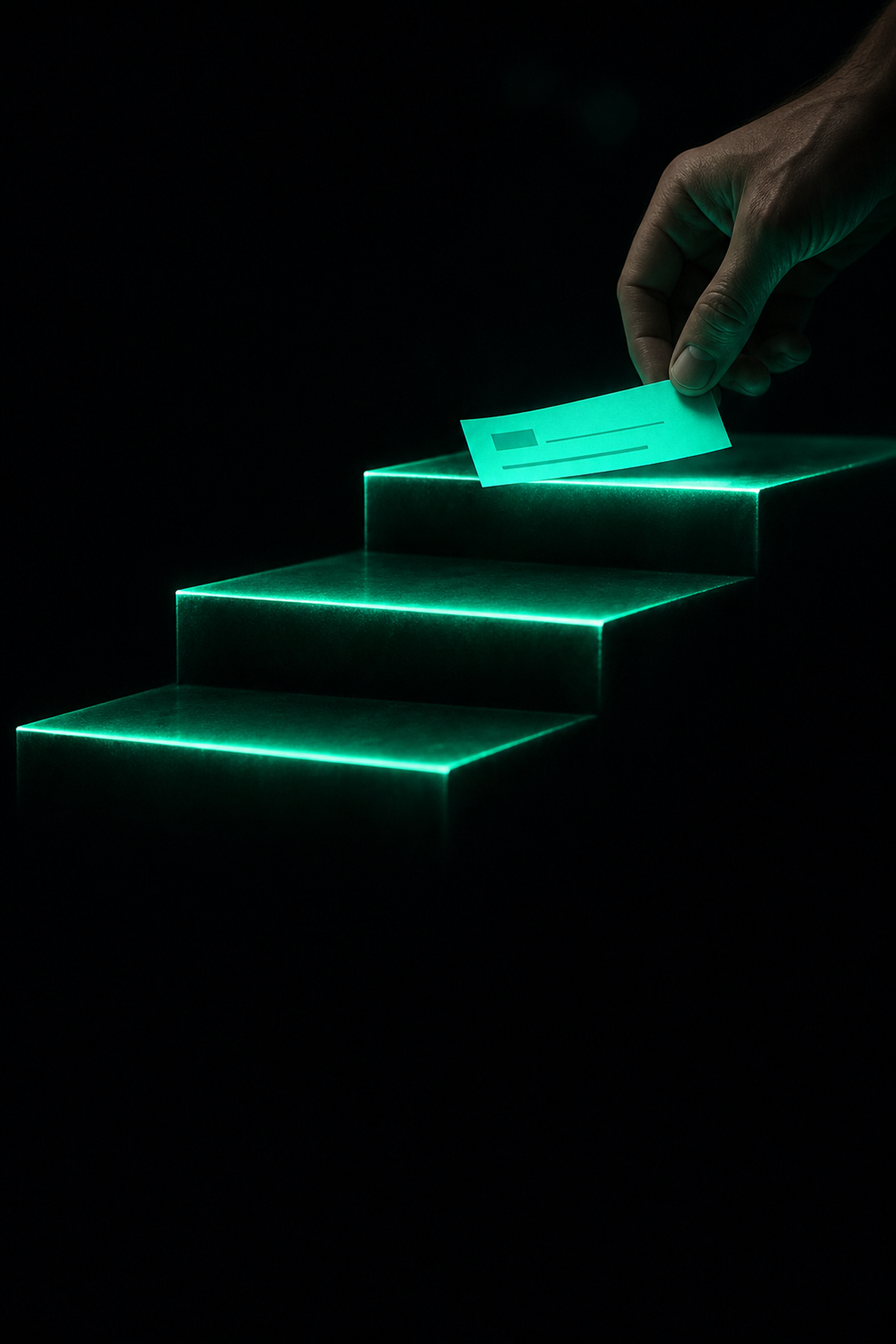 Three ascending glowing teal steps rising through darkness, a human hand placing a single glowing teal quote slip onto the final, highest step