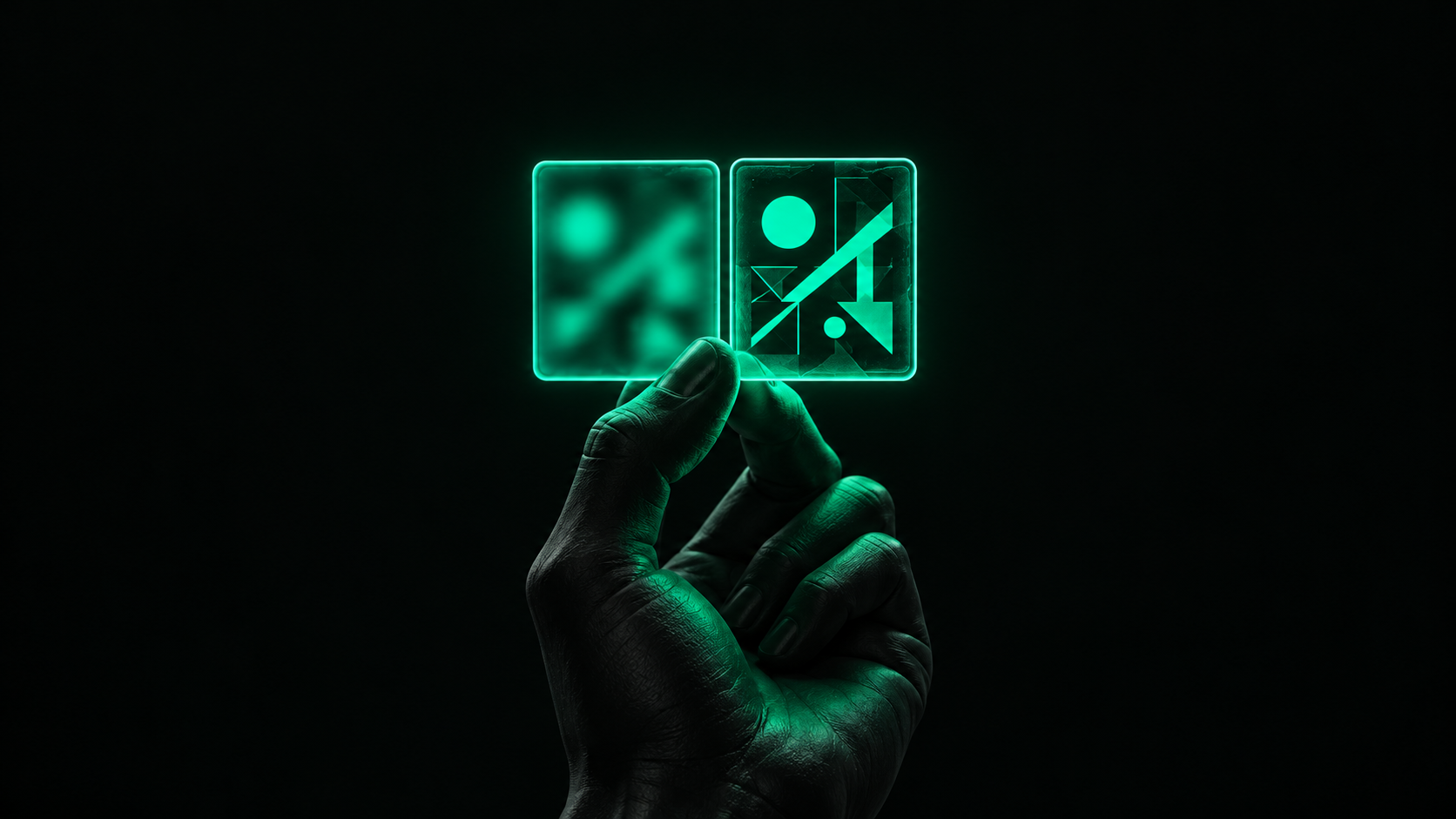 A hand holding up two glowing teal signs side by side in a dark space — one sign's lettering blurred and unreadable, the other sharp and legible
