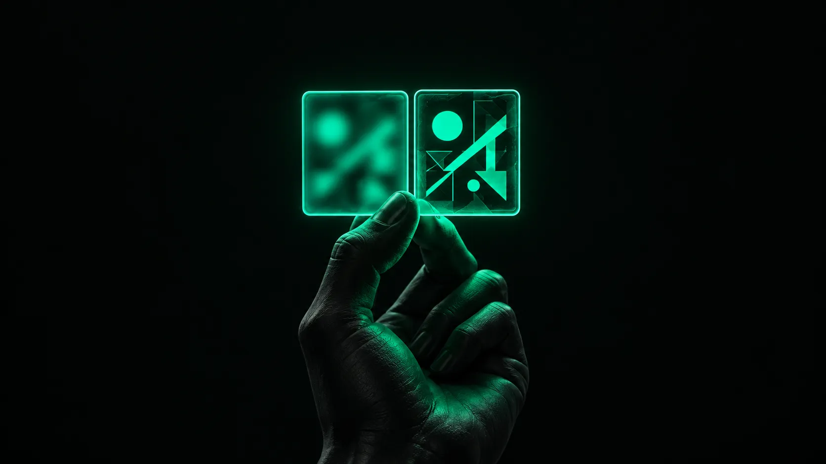 A hand holding up two glowing teal signs side by side in a dark space — one sign's lettering blurred and unreadable, the other sharp and legible
