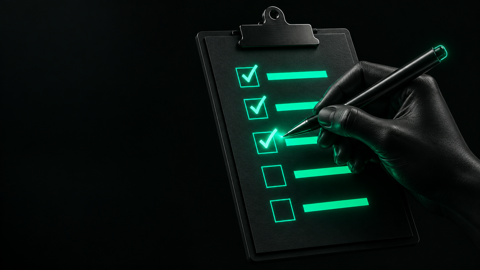 A hand checking off legible, sharply lit teal job names on a clipboard in a dark room