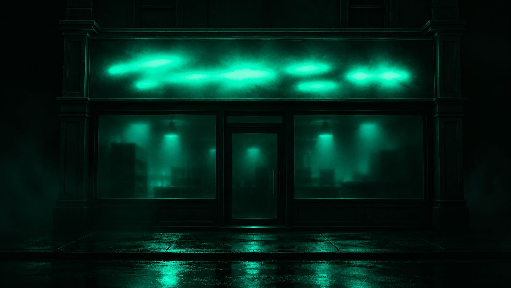 A dark storefront sign with blurred, unreadable teal-glowing lettering, no one able to make out the words