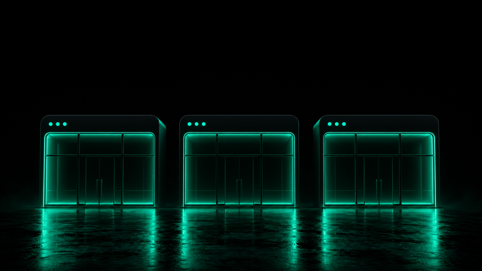 Three identical glowing storefront websites side by side, indistinguishable from each other