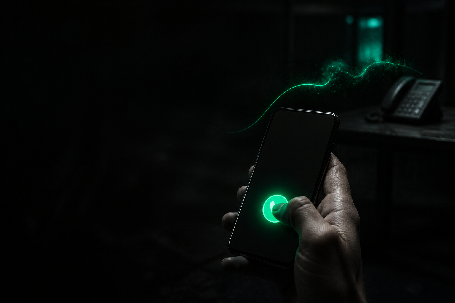 A hand pressing a glowing teal call button on a phone, the signal thread fraying into scattered sparks before it reaches a dark, unlit phone in the distance