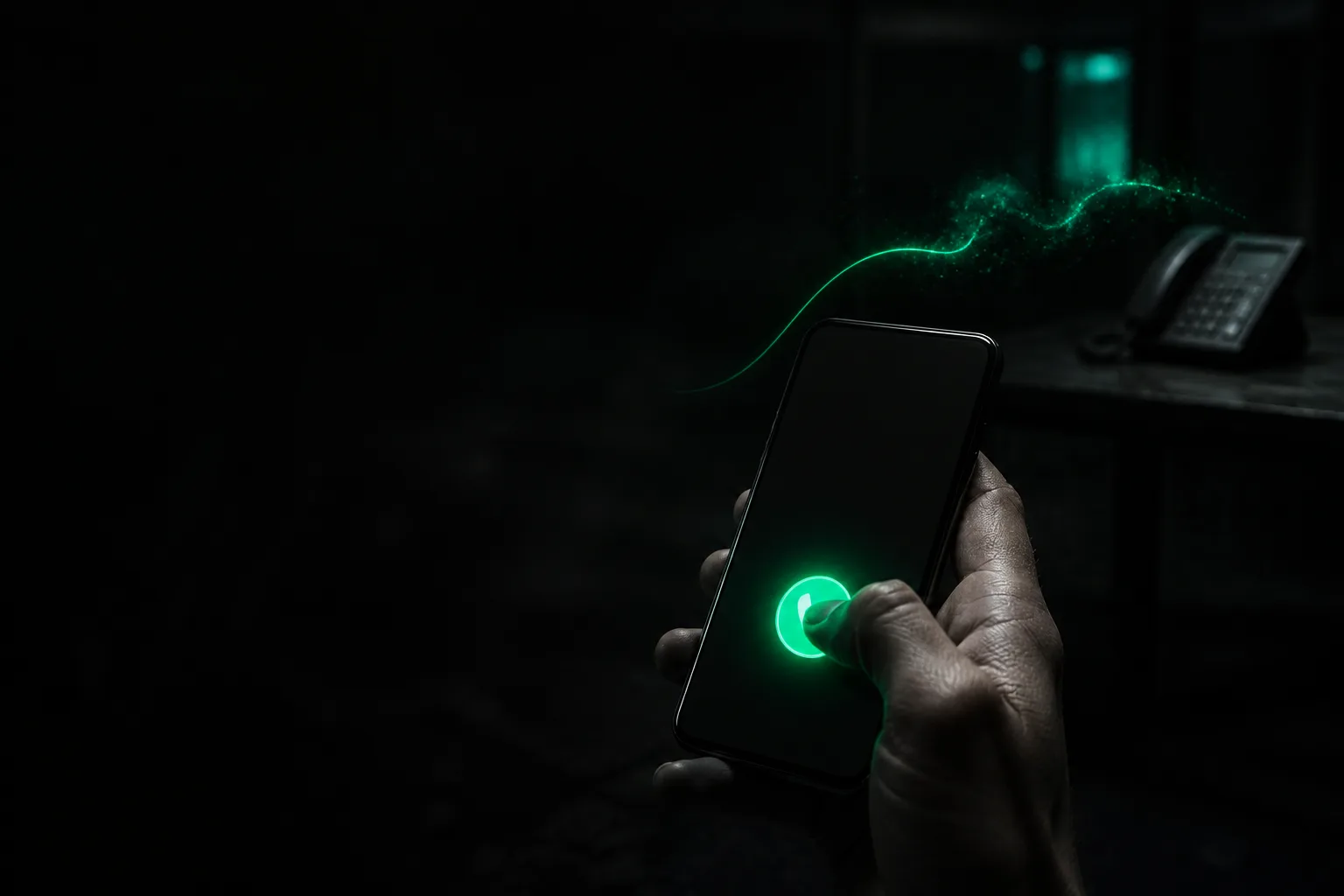 A hand pressing a glowing teal call button on a phone, the signal thread fraying into scattered sparks before it reaches a dark, unlit phone in the distance