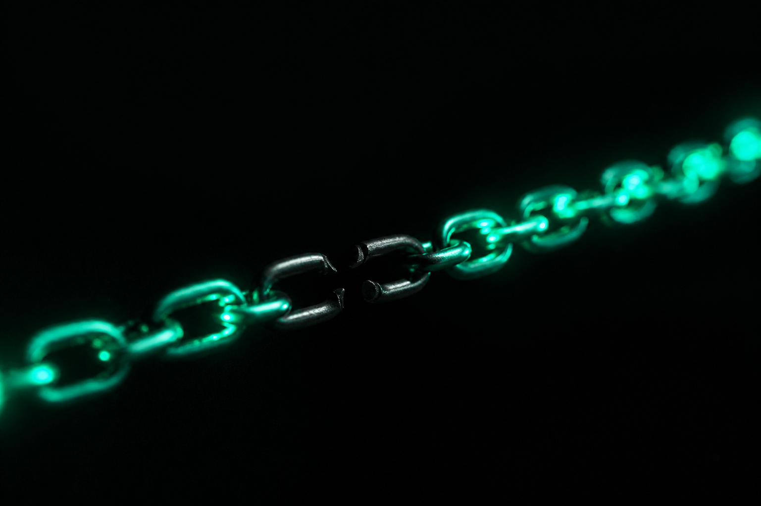 A taut chain of glowing teal links with one link in the middle sitting dark and fractured, breaking the current