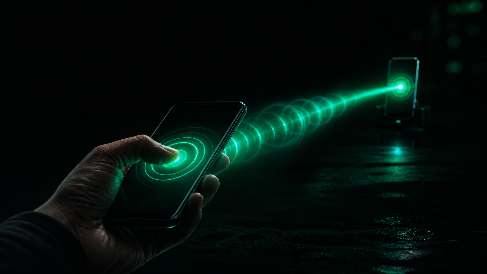 A hand dialing a phone as a bright unbroken teal ring travels through the dark and lights up a second phone, connection intact