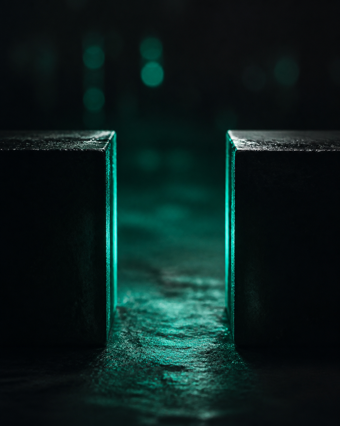 Two dark appointment blocks on a schedule with a deliberate gap of soft teal light held open between them