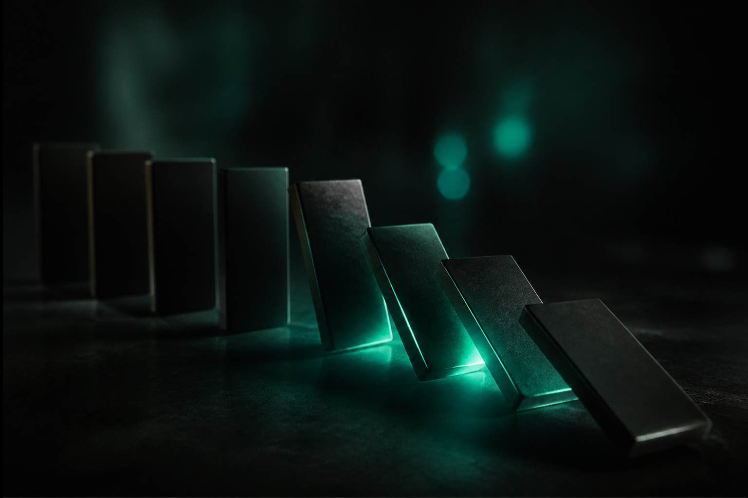 A row of dark domino tiles shaped like appointment cards, mid-fall, a teal glow tracing the line as each one strikes the next