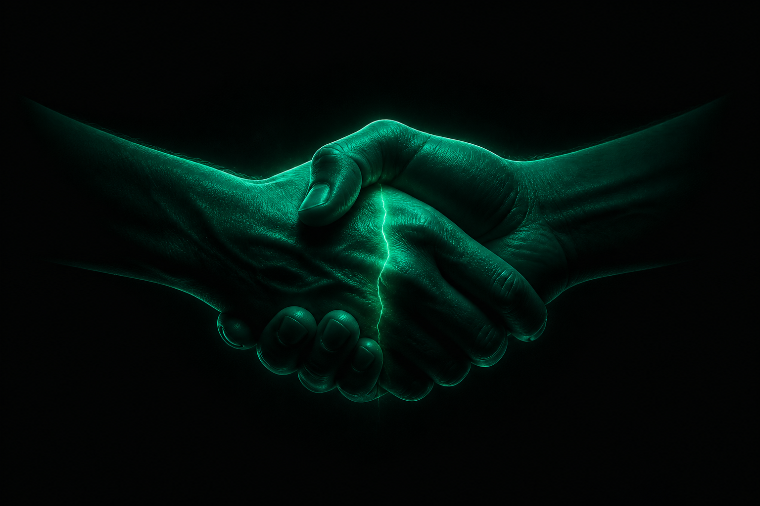 A glowing teal handshake with a hairline crack running through it, light leaking from the seam