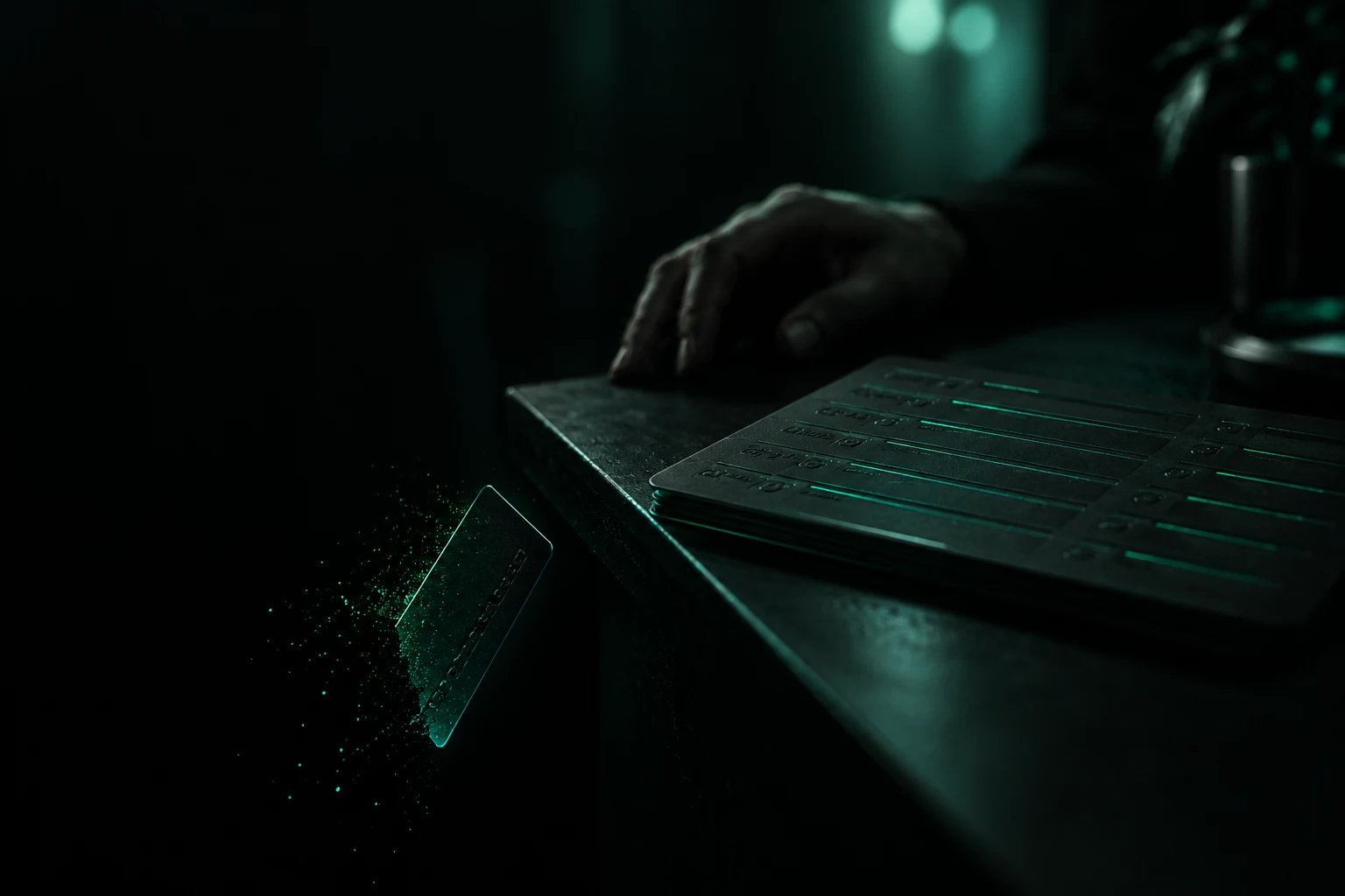 A dark membership roster glowing teal, one row dimmed out as a faint teal-outlined card slips off the edge into black