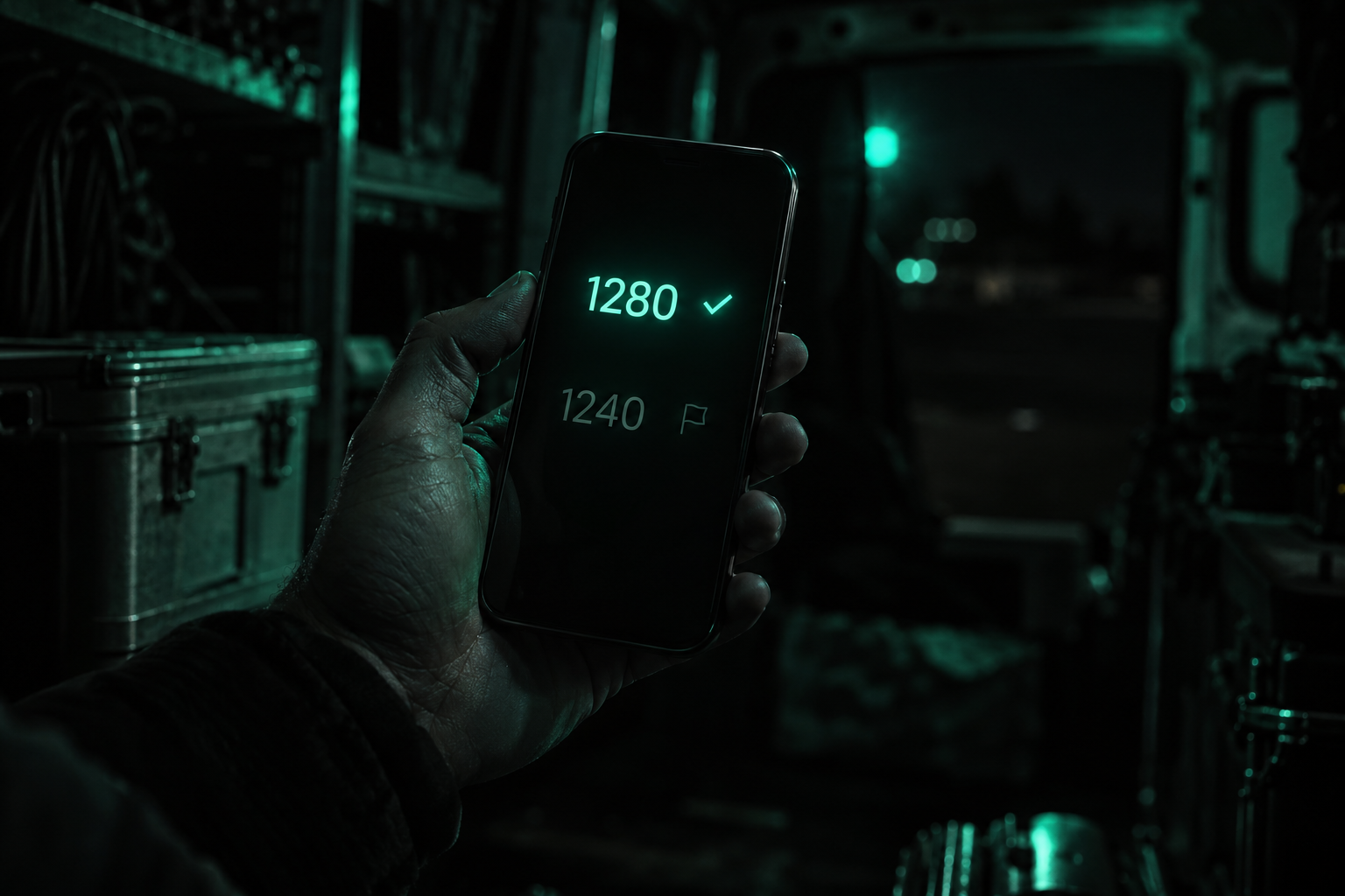 A hand holding a phone with two glowing teal numbers being compared side by side, one row matching and one row flagged