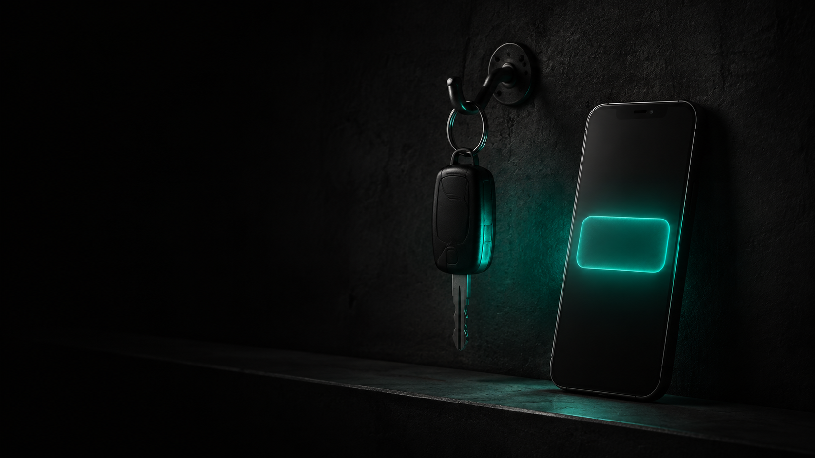 A truck ignition key hanging untouched on a hook in a dark garage at dawn, a phone beside it lit with a single glowing teal text notification, the light thin and translucent as if it was never solid to begin with