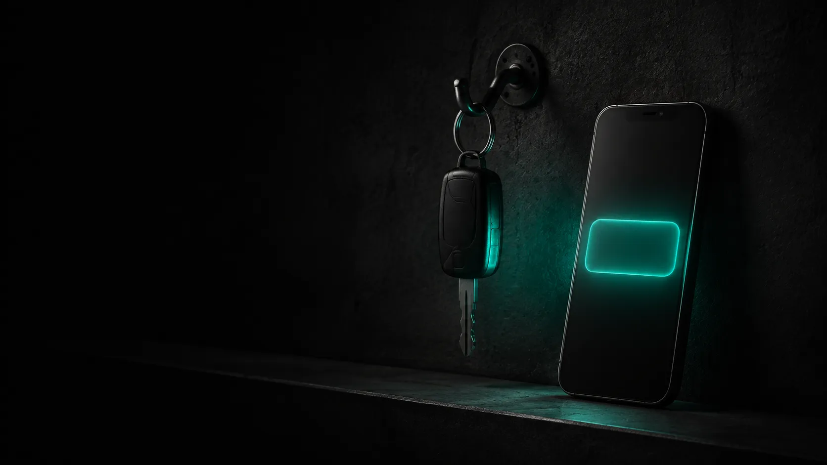 A truck ignition key hanging untouched on a hook in a dark garage at dawn, a phone beside it lit with a single glowing teal text notification, the light thin and translucent as if it was never solid to begin with