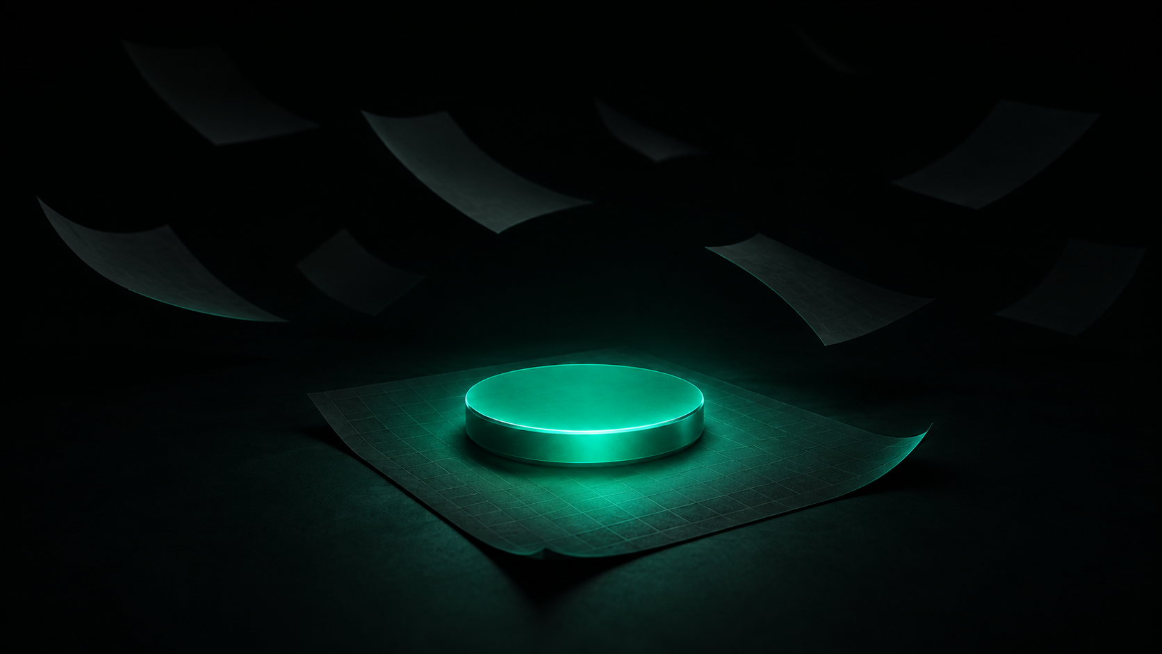 A solid glowing teal coin pinning down a calendar page against a dark wind, while other blank pages around it lift and blow away into the darkness