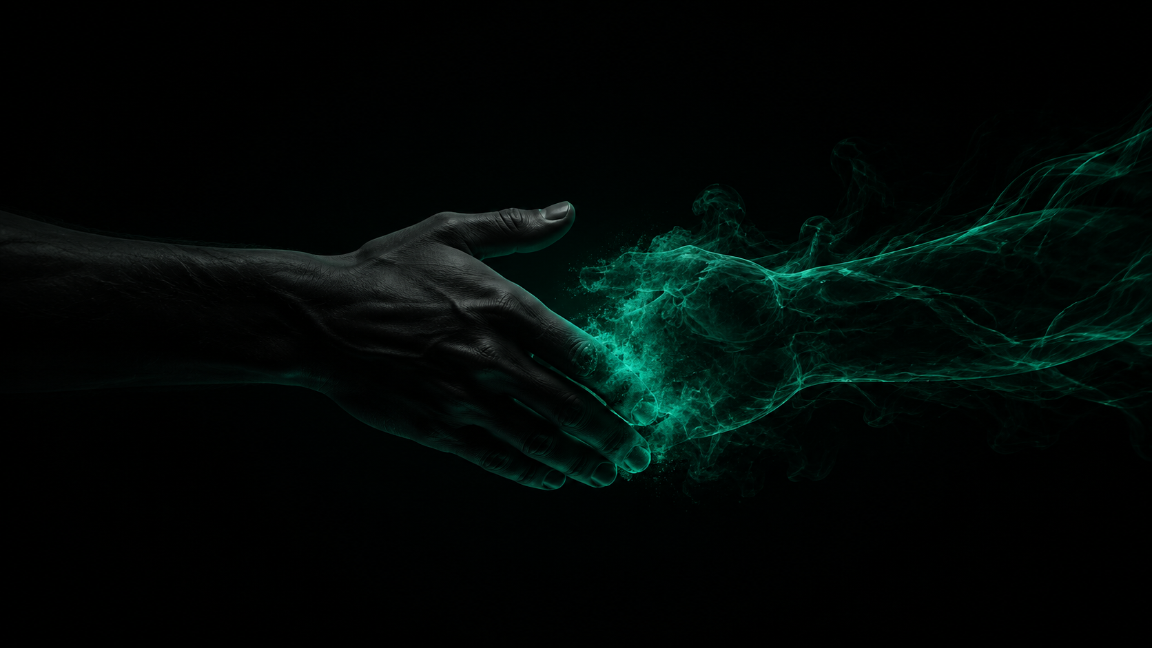 A hand reaching to shake another hand made of thin, dissipating teal light — translucent, not solid, dissolving like smoke where the two would touch