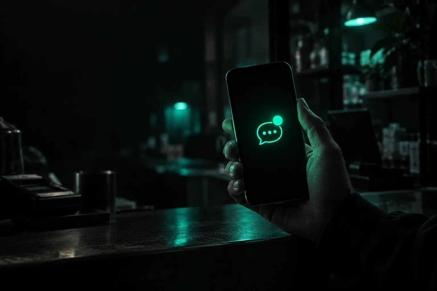 A phone screen glowing teal with an unread Instagram message notification, sitting untouched in the dark