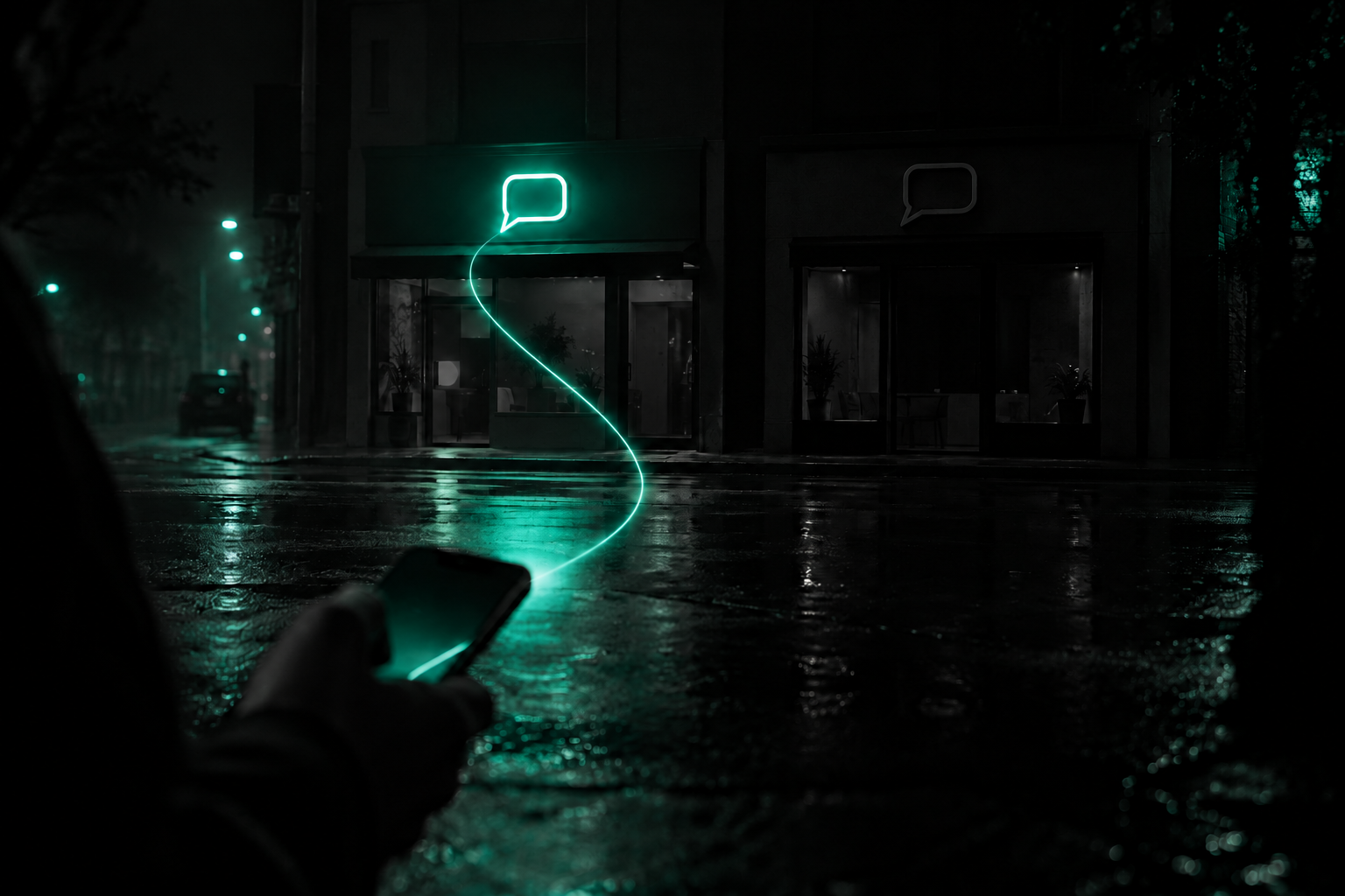 A glowing teal chat bubble from one storefront going unanswered while a nearby competitor's chat bubble lights up instantly