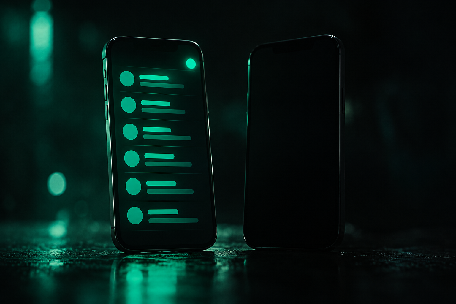 A single teal notification dot glowing on one phone inbox while a second, darker inbox sits beside it unnoticed