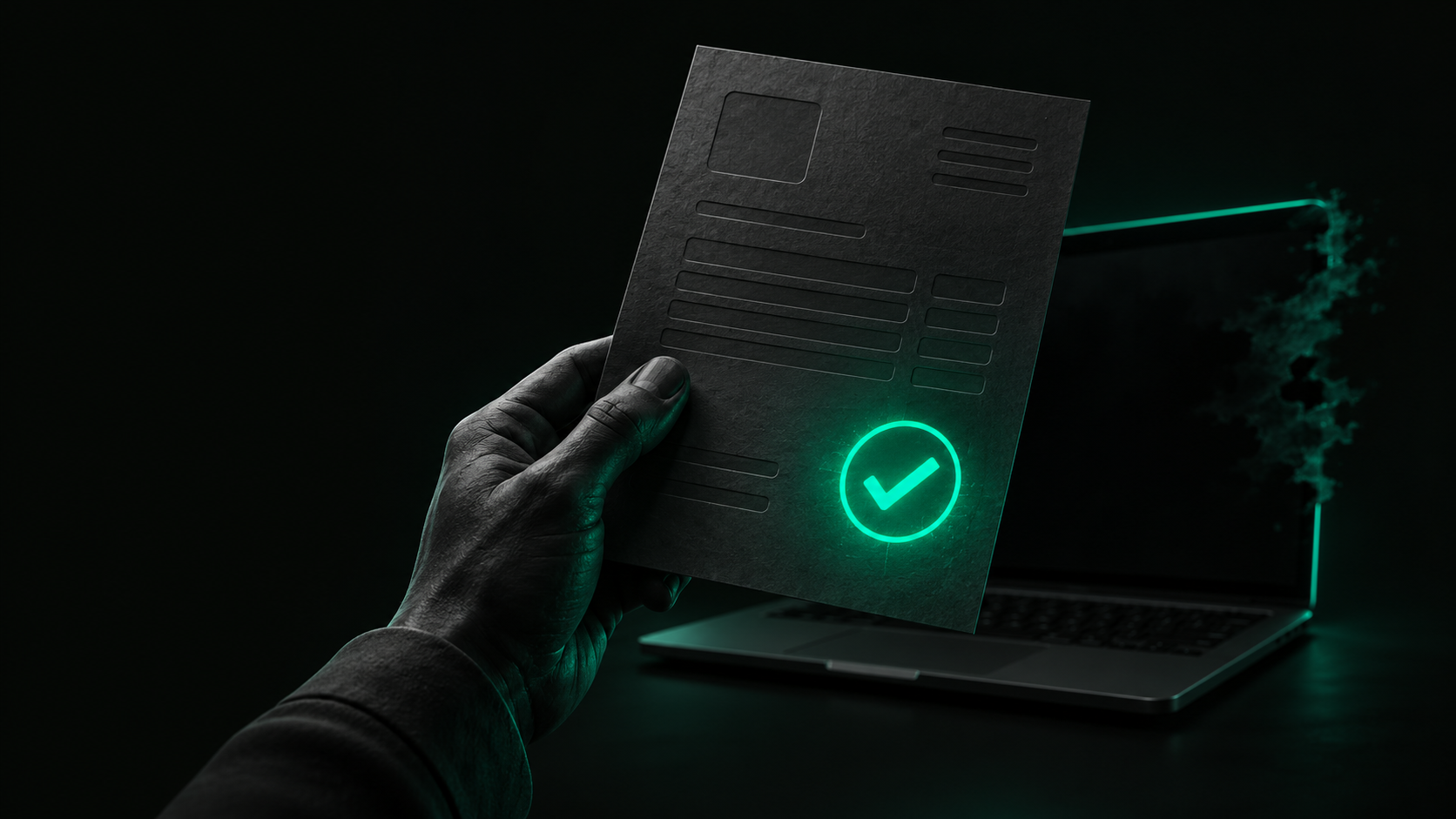 A hand holding a paid invoice stamped with a glowing teal checkmark, while a laptop screen behind it fades to black