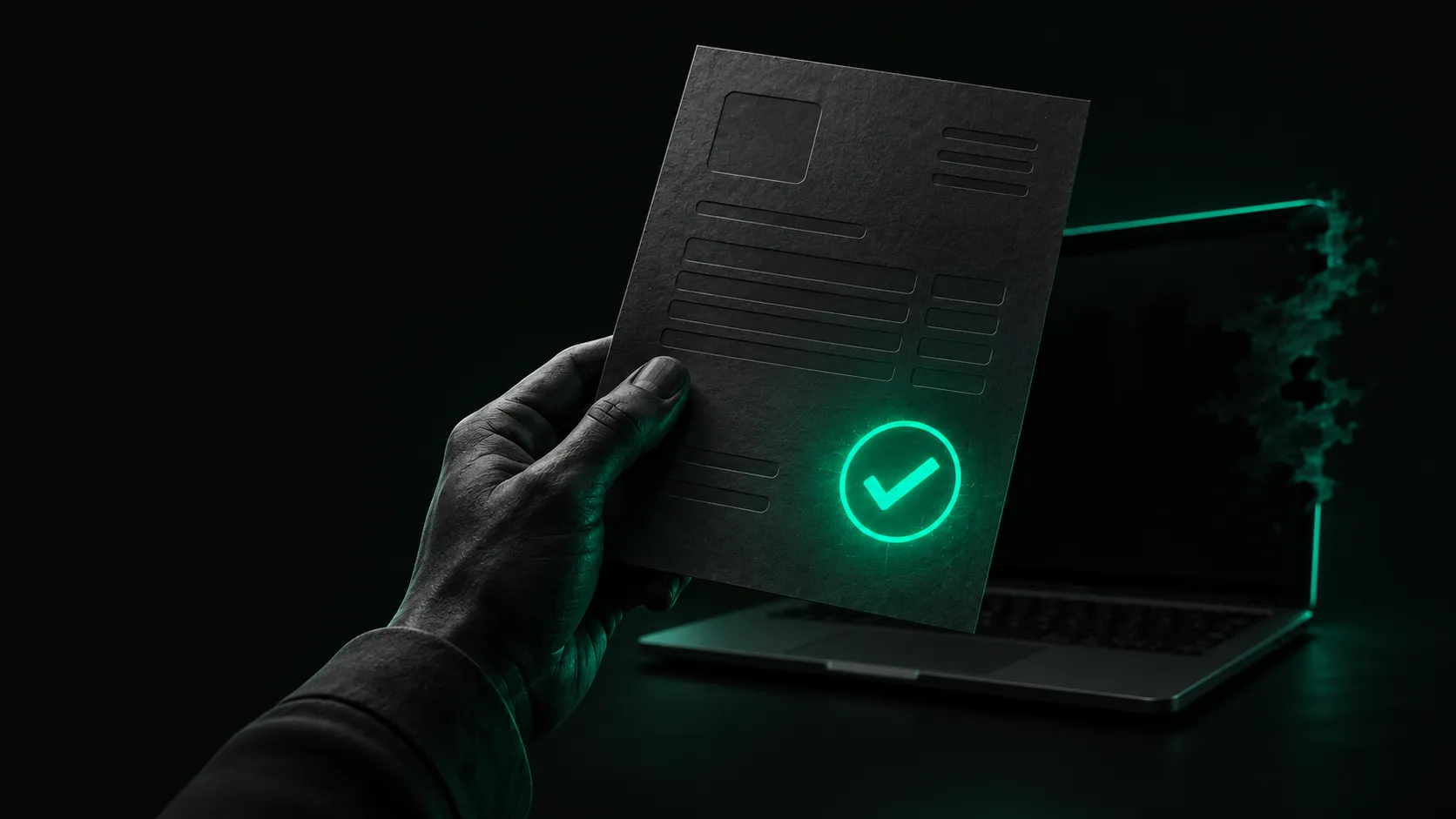 A hand holding a paid invoice stamped with a glowing teal checkmark, while a laptop screen behind it fades to black