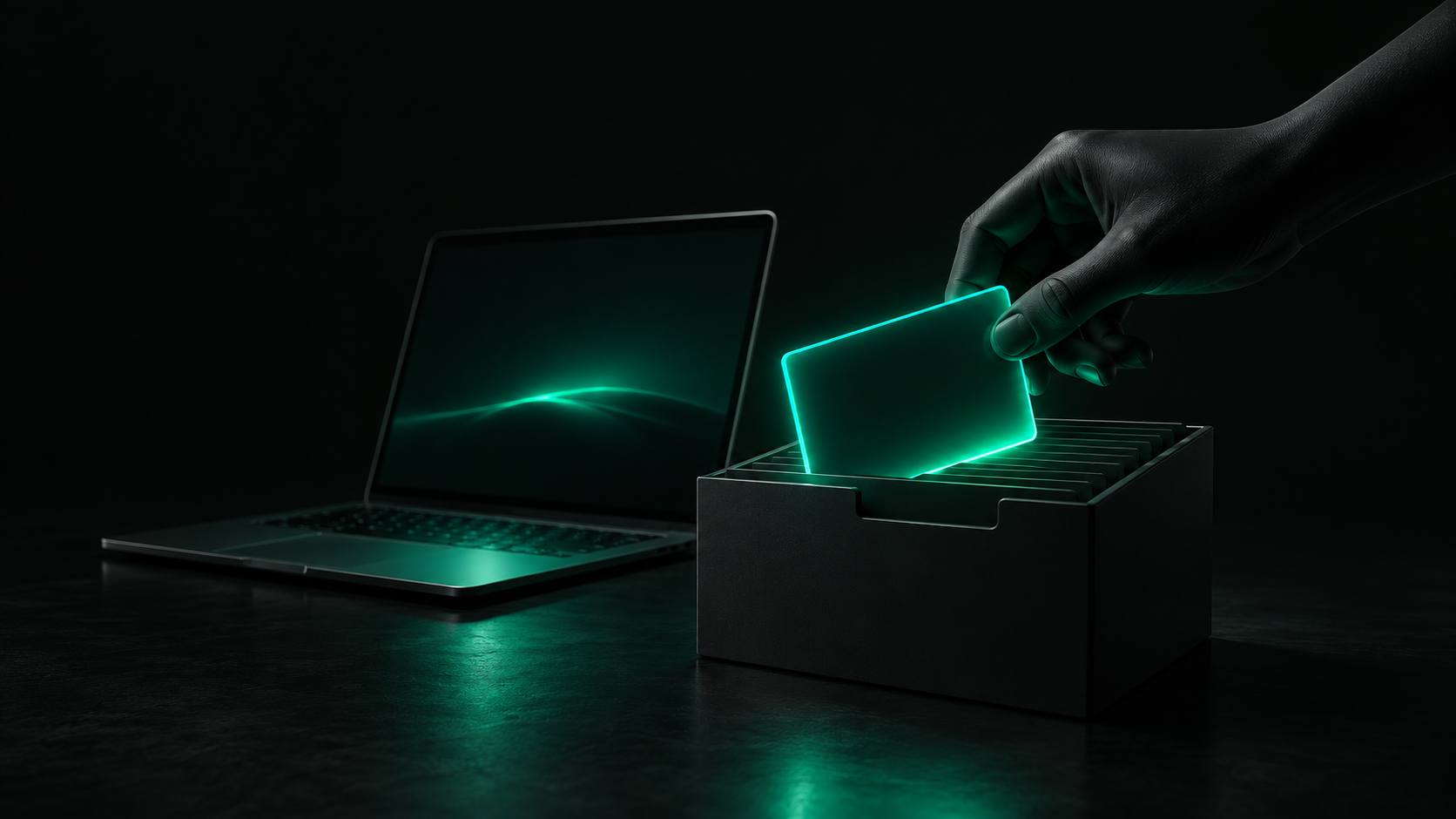 A hand placing a glowing teal ownership card into a filing box next to a laptop that's back online