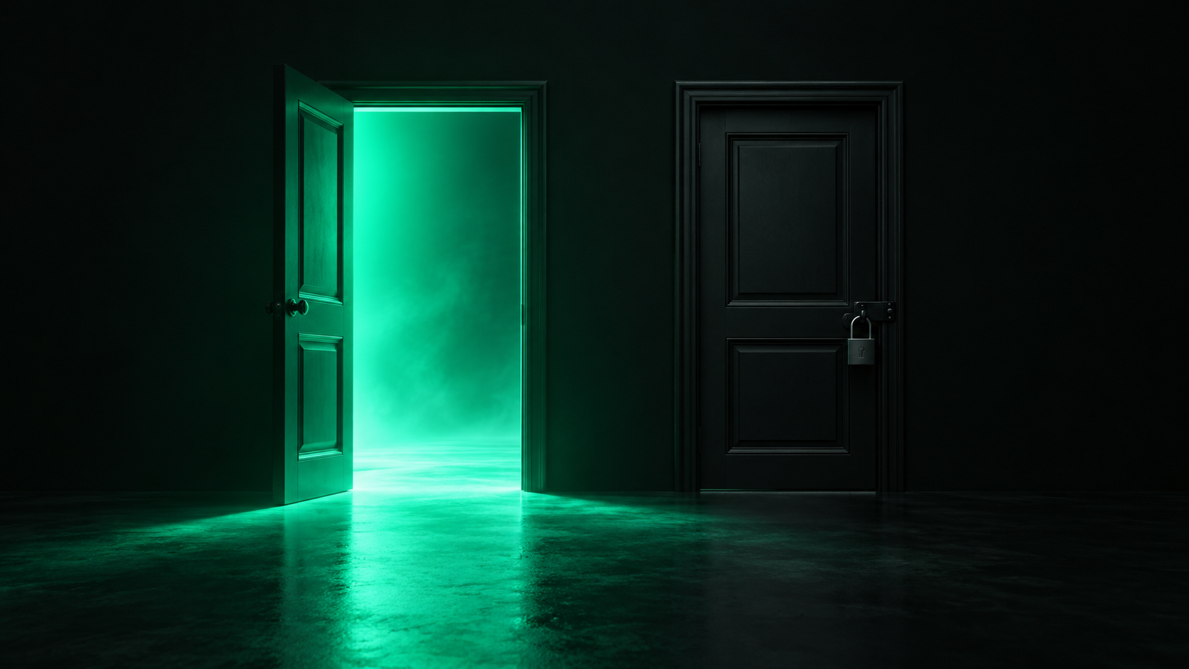 Two doors side by side on a dark wall — one glowing teal and open, the other dark and locked with no visible key