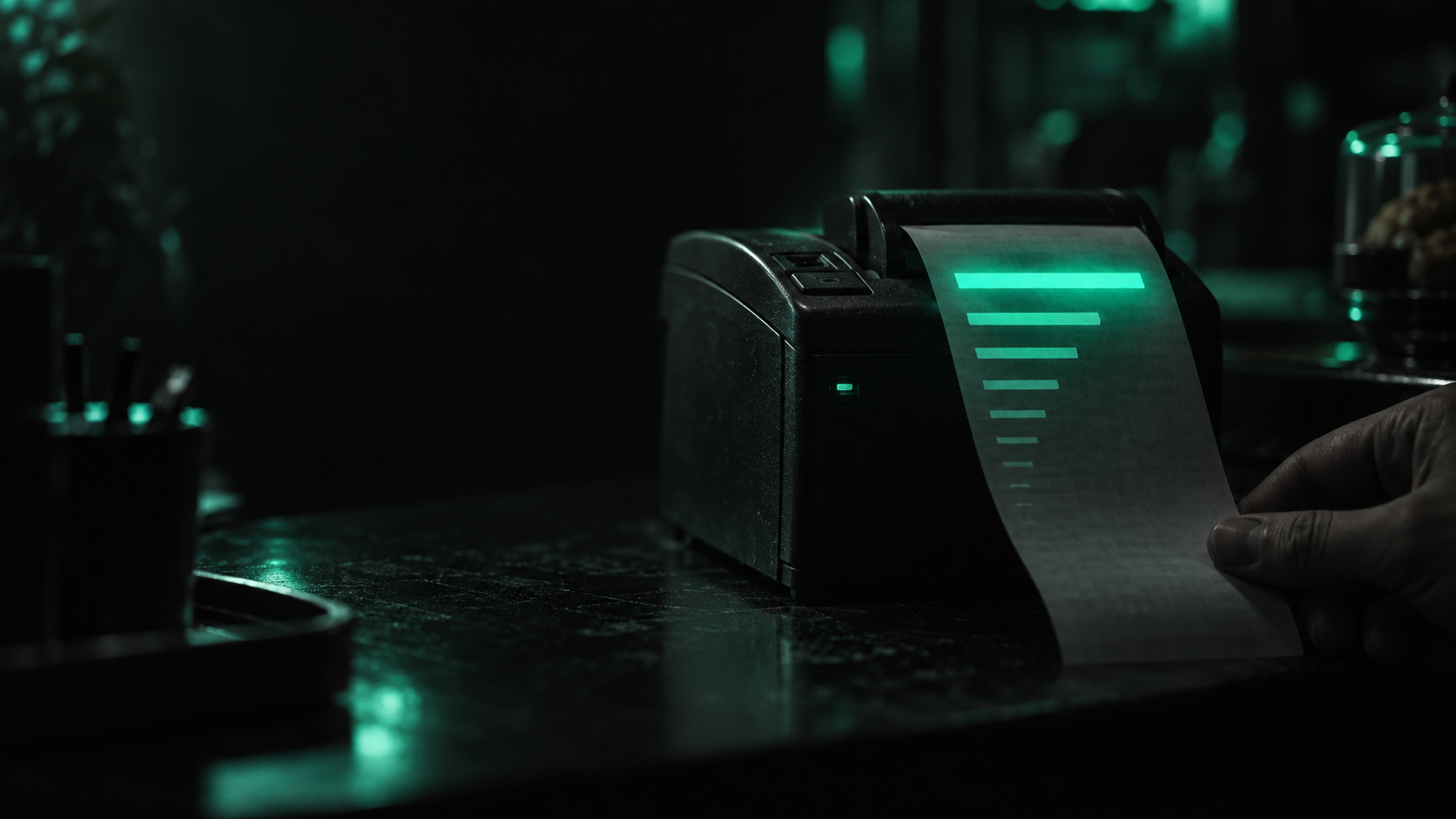 A dark cash-register receipt unspooling downward, the top line glowing bright teal, each line below it printing smaller and dimmer until the last ones nearly vanish into black