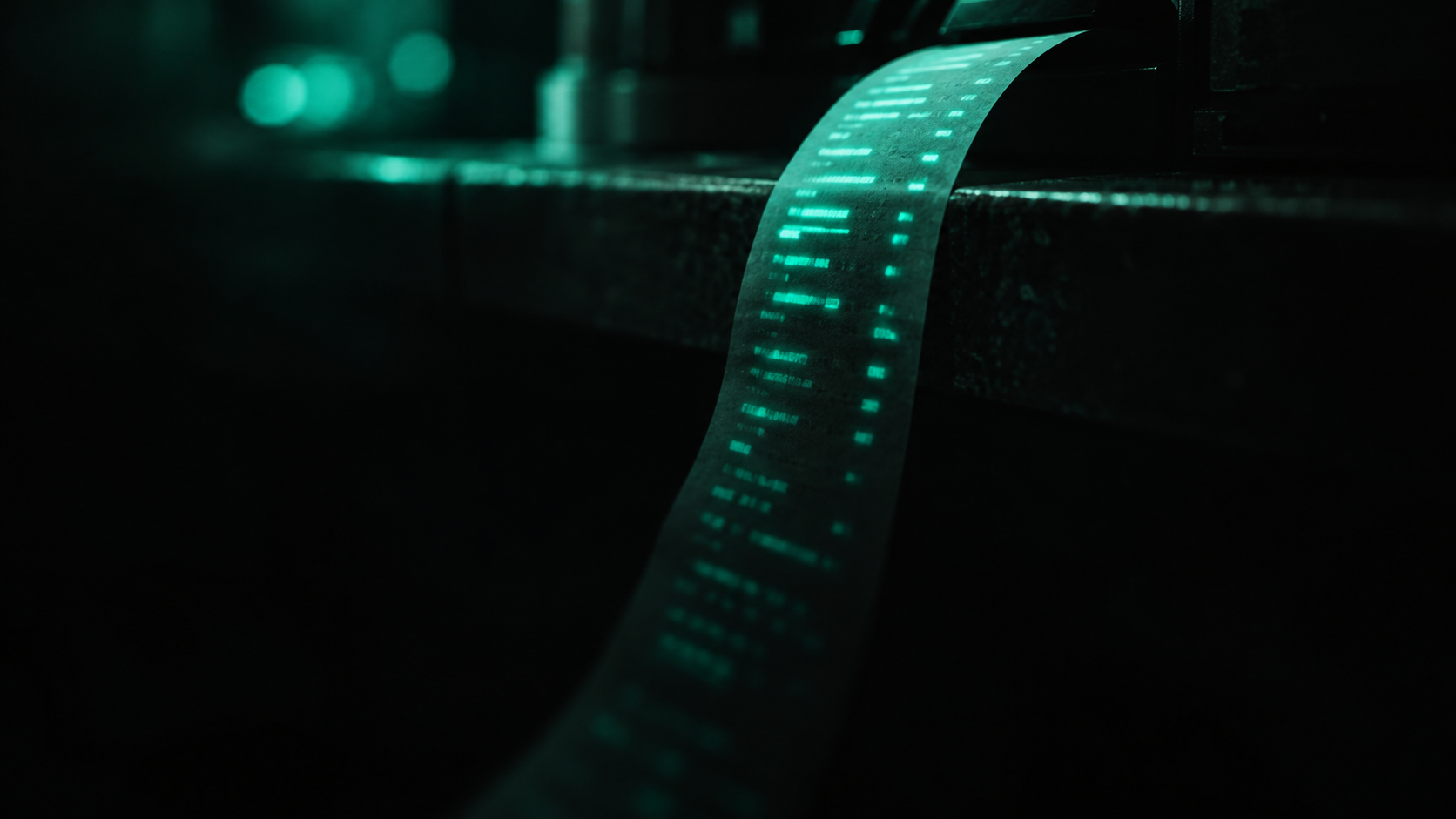 A dark cash register receipt curling out and narrowing toward the bottom, the printed numbers shrinking and dimming line by line into the black