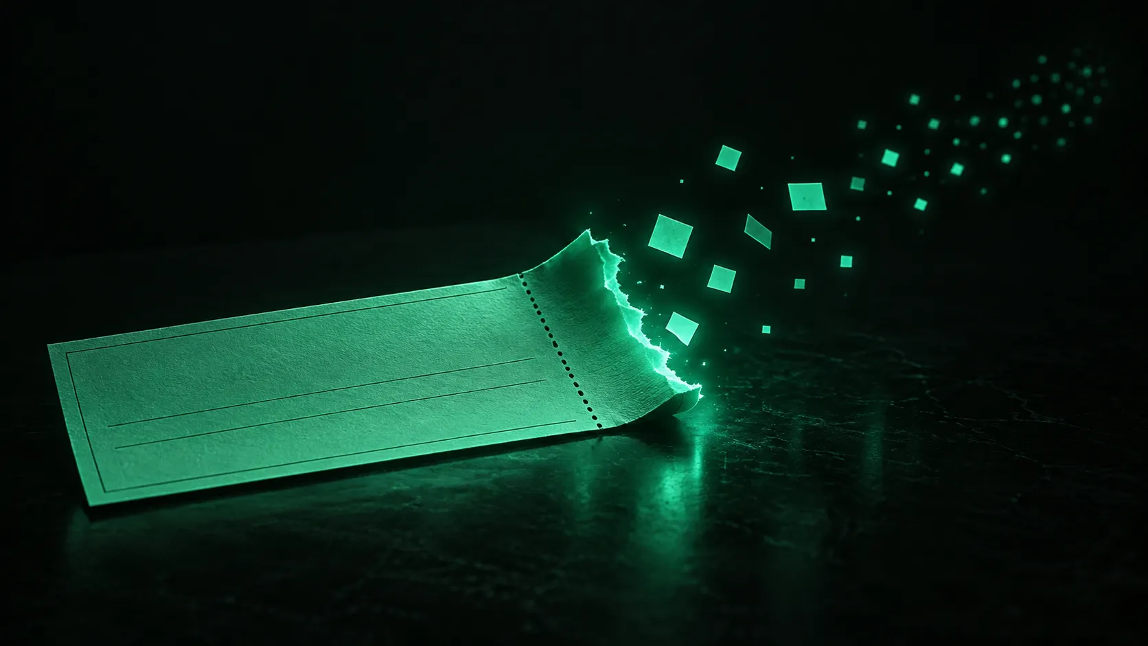 A single glowing teal paper check lying on a dark counter, tearing along its dotted line with smaller glowing teal squares drifting calmly away from the tear into the dark, like a checkbook register scattering into the distance