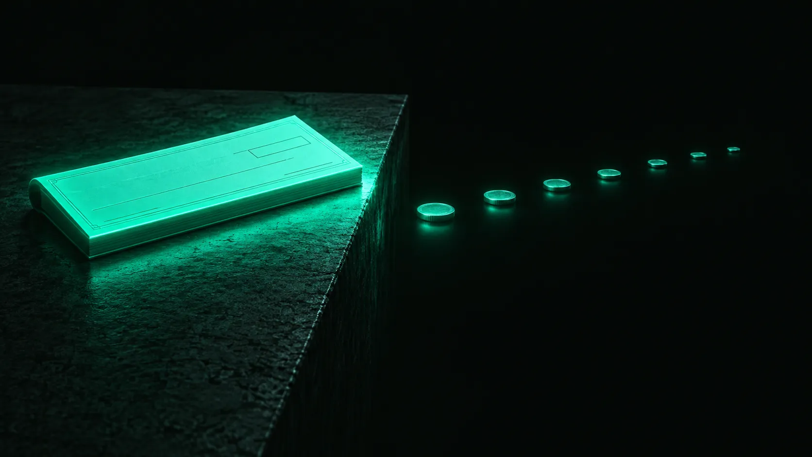 A large glowing teal checkbook or single bill on a dark counter, its light unable to reach past the edge of the table, while a row of smaller teal-lit coins already stretches comfortably into the dark beyond it
