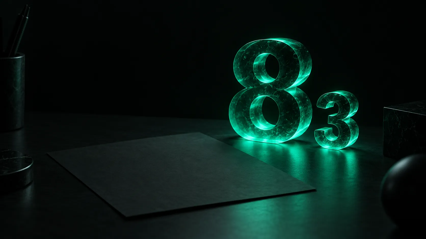 A dark quote sheet on a desk lit by two calm teal glowing numbers side by side — one large, one small — instead of one number alone